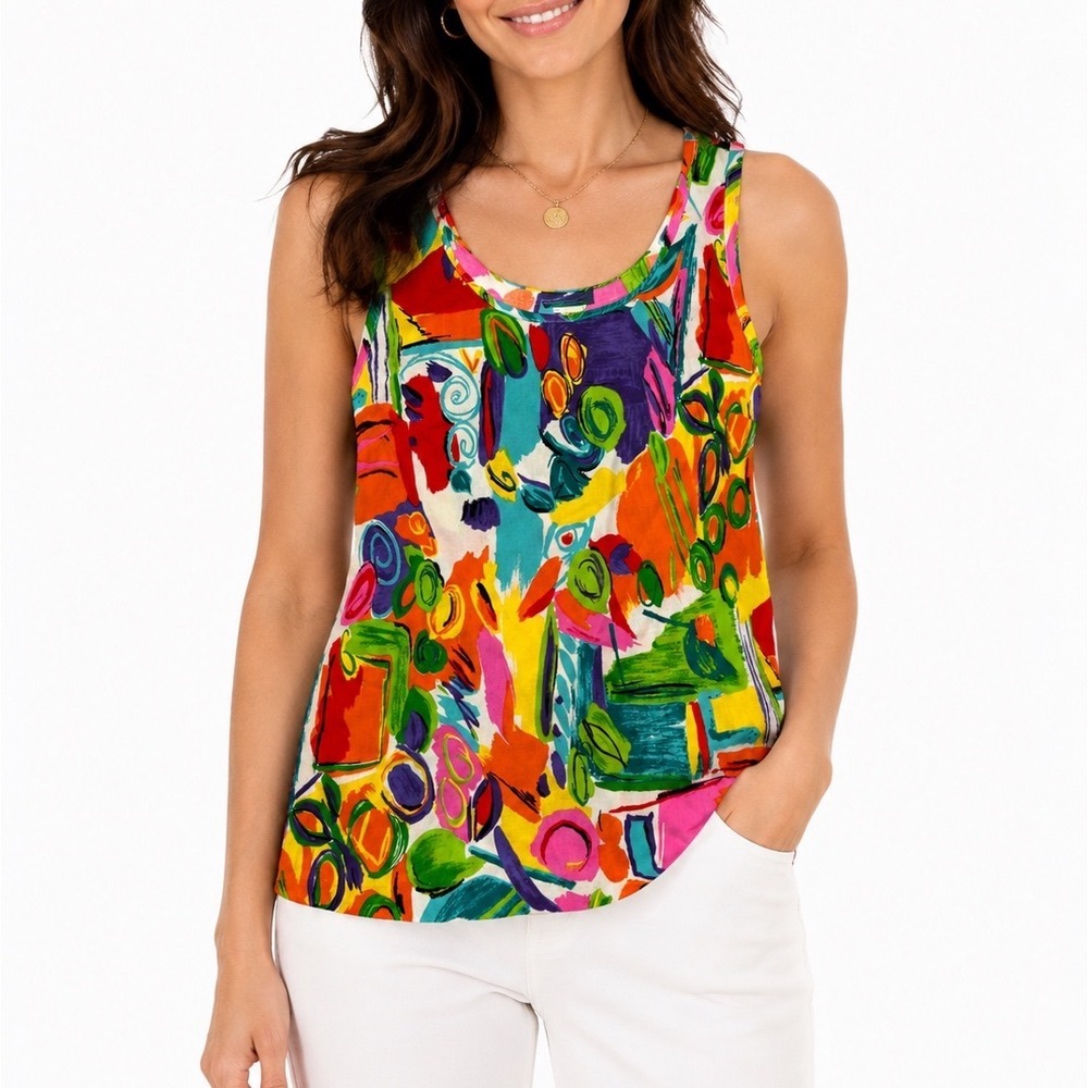 Cabin Creek Vintage Abstract Painterly Top Vibrant Eclectic Cotton Resortwear 12